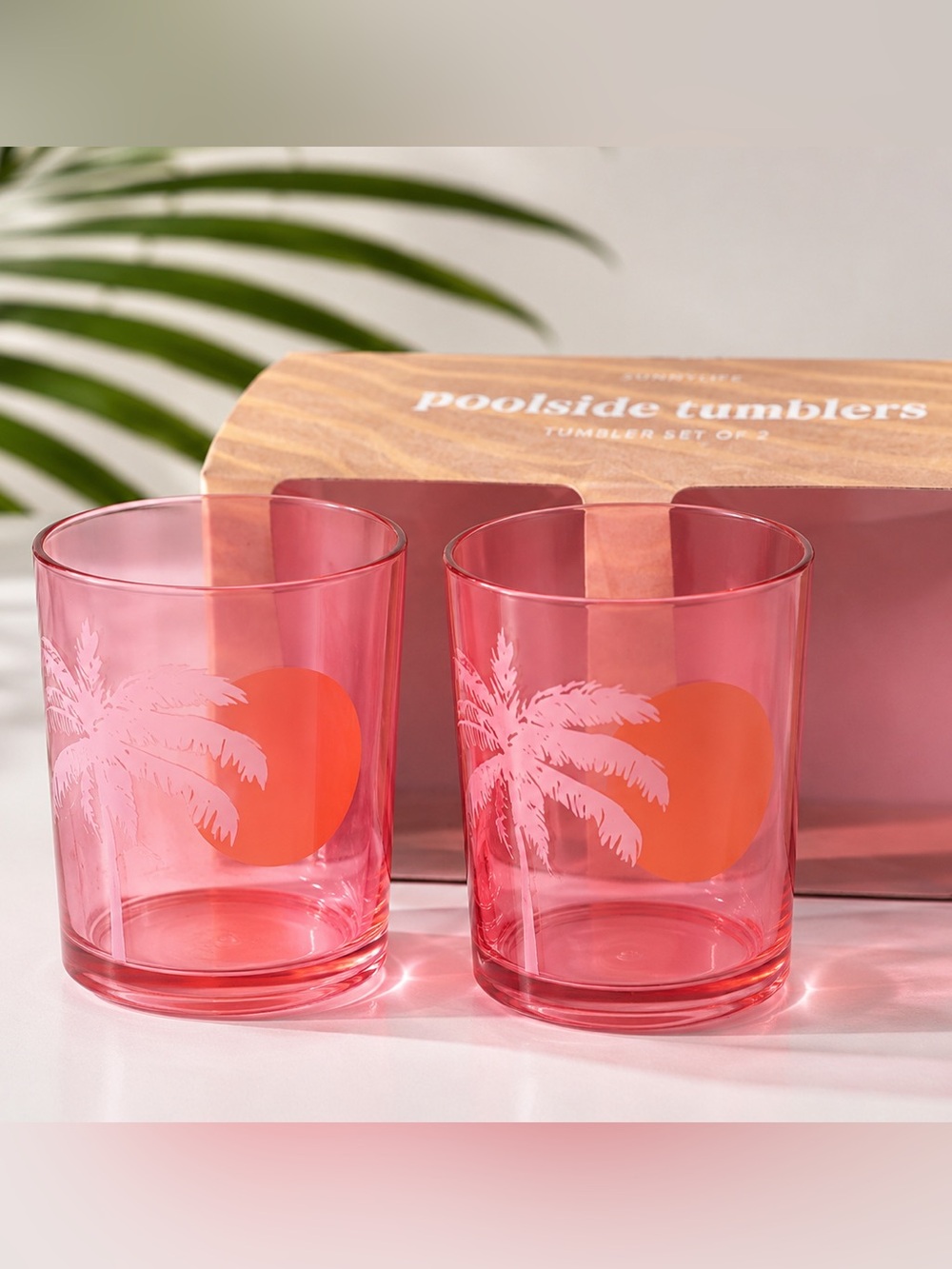 NIB Poolside‎ Pool Pink Tumblers Palm Tree Island Oasis Theme Set of 2